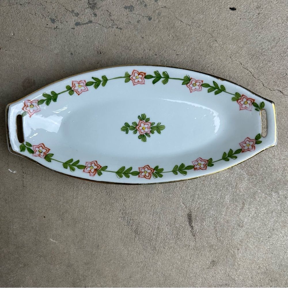 Vintage 1940 Japan Floral Relish Tray Gold Trim Pink Green Dish Bowl Cottagecore
